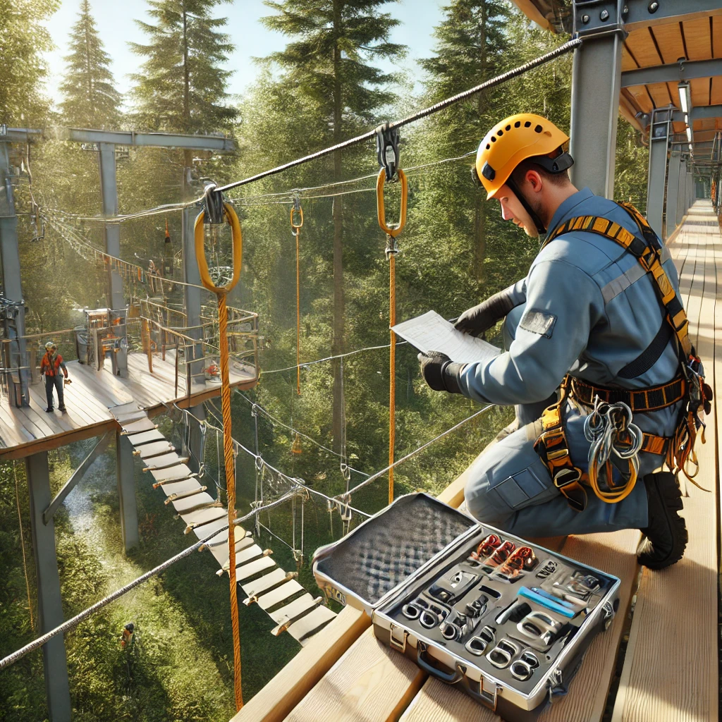 DALL·E 2025-04-07 12.44.08 - A highly realistic image of a maintenance technician inspecting adventure park structures. The technician is wearing professional safety gear (helmet,