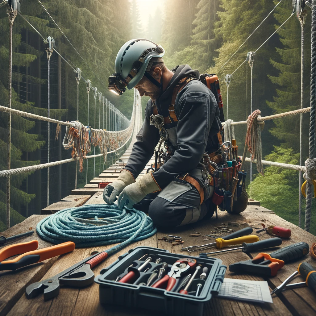 DALL·E 2025-04-07 12.48.08 - A highly realistic image of a corrective maintenance operation in an adventure park. A professional technician in full safety gear (helmet, harness, g